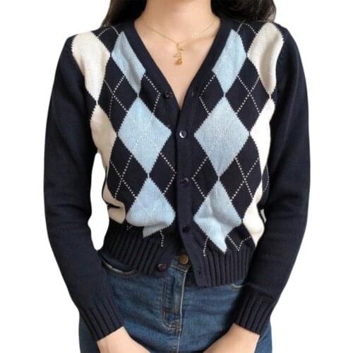 Women Long Sleeve Button Down Knit Cardigan Vintage Argyle Plaid Sweater Coat F3MD