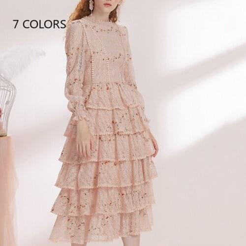 Women Long Sleeve Dress 2020 New Party Embroidery Lace Dress Elegant Lady O-neck A-line Tiered Midi Dress Vestidos De Fiesta