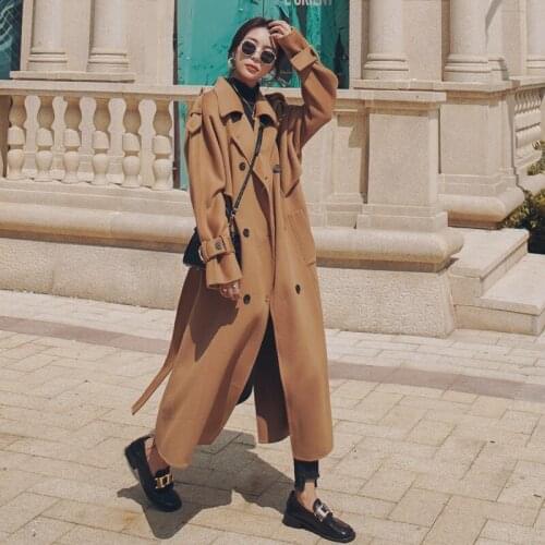 Brand New England Style Women Wool Blend Coat Double-Breasted with Belt Long Lady Overcoat Female Winter Outerwear