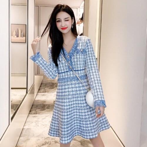 2021 New Autumn Winter Fashion Elegant Vintage Houndstooth Knitted Sweater Dresses Women Ladies Runway Pull Mini Dress Robes