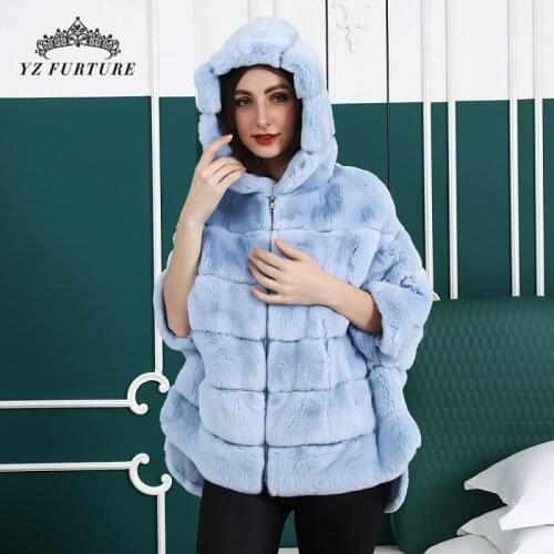 Winter Women Real Rabbit Fur Bat Shirt Warm Overdress Hot Sale Hat Glove Jacket Blue Jacket For Lady Fashion Free Size Outwear