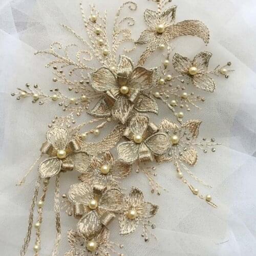 1 Piece 30*15cm Elegant 3D Flower Embroiderey Pearl Beaded Lace Applique Lace Trim Dress Material Lace