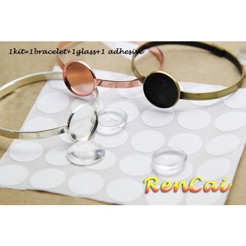5Kits 20mm Round Bangle Base Bracelet Blank Findings Tray Bezel Setting Cabochon Cameo Include Bracelet/Double Adhesive/Glass