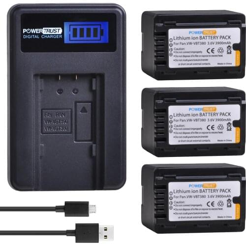 1Pcs 3900mAh VW-VBT380 VBT380 VW-VBT190 VBT190 Battery + LCD USB Charger for Panasonic HC-VXF999, HC-VXF990, HC-VX870, HC-VX989