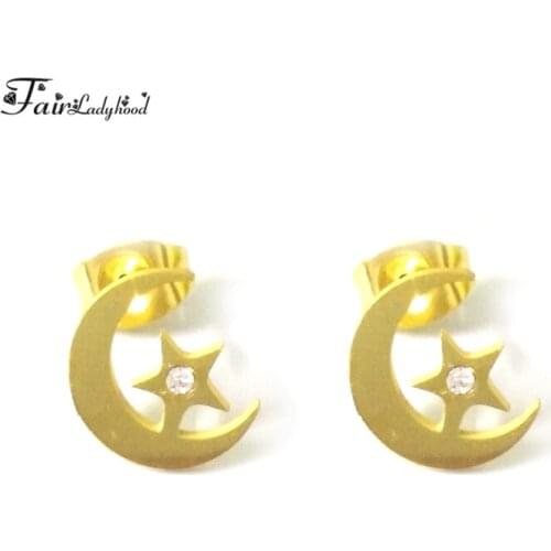 Fairladyhood Elegant Moon & Stars Zircon Stud Earrings For Women Gold Color Stainless Steel Earings Girl Gift