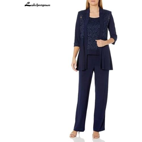 Plus Size Lace Pant Set Elegant Three quater sleeves Applques Mother of the Bride Dresses Women Formal Dinner With Jacket