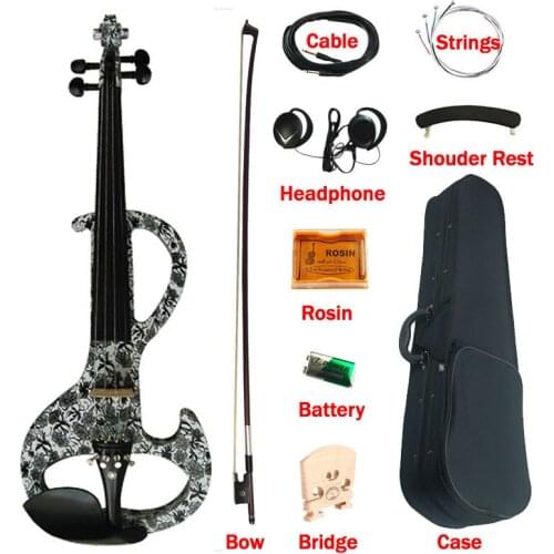 Middle-A Electric Art Violin Full Size 4/4 Black-white Flowers Solid Wood Ebony Fittings Silent Violino with Case Bow rosin