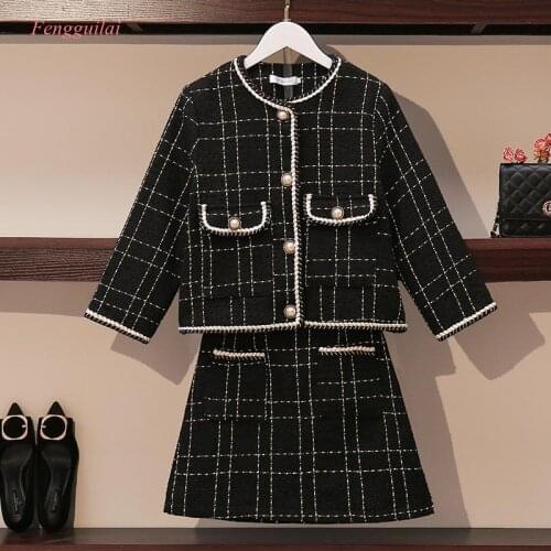 European Style Autumn Winter 2 Piece Set Women Short Woolen Tweed Jacket Coat & Bodycon Mini Skirt Set Women Two Piece Outfits