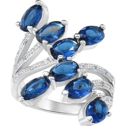 Hainon Fashion Silver Color Cross Blue Crystal Princess Cut Wedding Engagement Ring for women Wide Finger Jewellery