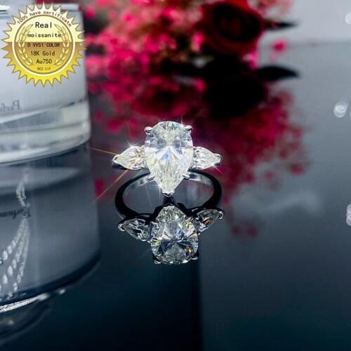 Solid 18K Gold 1ct pear Moissanite Diamond Ring D color VVS With national certificate 013