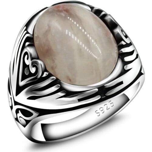 Real 925 Sterling Silver Ring For Men White Red Natural Stone Turkish Jewellery Fashion Vintage Gift Quartzite Mens Accessories