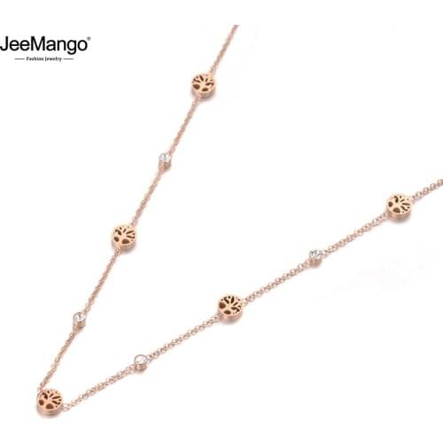 JeeMango Trendy Rose Gold Stainless Steel Plant Tree CZ Crystal Choker Necklace Bohemia Pendant Chain Necklace For Women JN19123