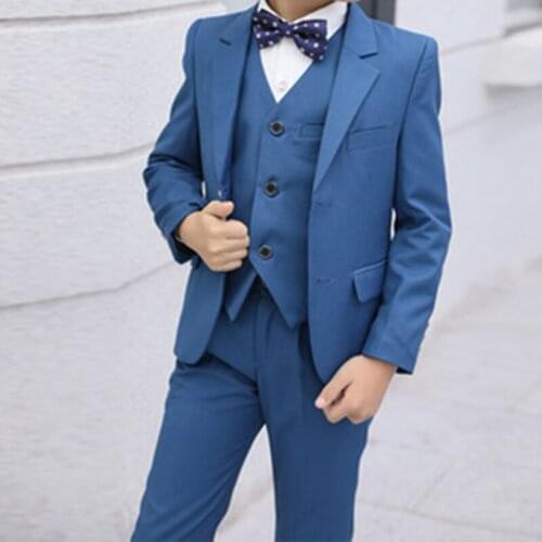 Fashion Tailor Made Navy Blue Notch Lapel Boys Suits Slim Fit Tuxedo For Wedding Dress School Party Costome (Jacket+Pants+Vest)