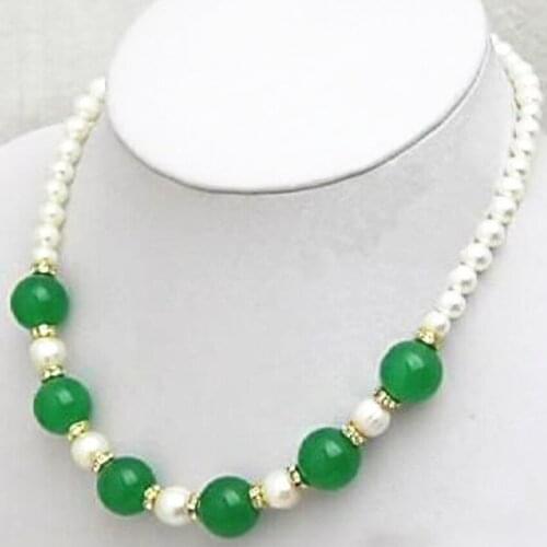 Fashion beautiful white natural freshwater cultured pearl beads necklace green chalcedony jades diy women charms jewelry 18"BV15