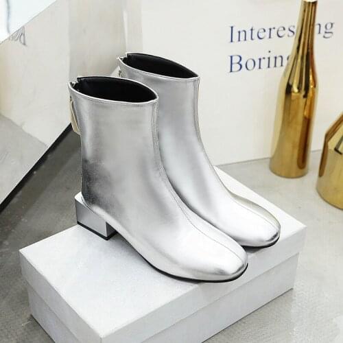Fashion Women Ankle Boots PU leather Zip Silver Black Square Toe High Heels Autumn winter platform thick heels Women Booties
