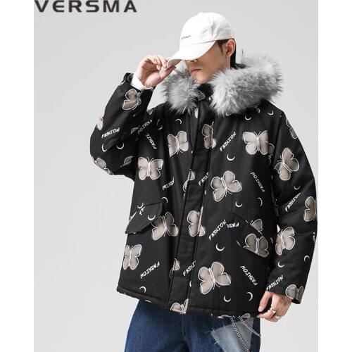 VERSMA Japanese Harajuku Butterfuly Print Winter Jacket Coat Men Women Parka Loose Streetwear Fur Collar Men Parkas Dropshipping