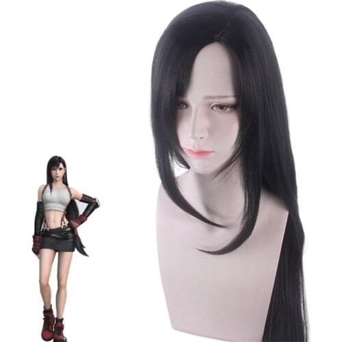 100cm Anime Game Final Fantasy Cosplay Tifa Lockhart Wig Role Playing Wigs Halloween Cosplay Long Black Hair Wig Cap