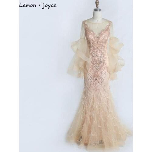 Lemon joyce Formal Evnign Dresses With Long Sleevess Sexy Elegant Floor Length Feathers Party Gowns Plus Size