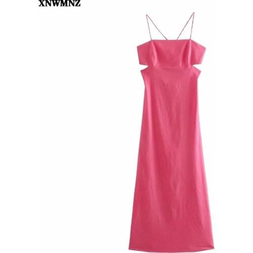 Za Dress Women linen blend dress cut-out Woman Elegant backless thin straps Midi Summer Dress Lady sexy Evening long Dresses