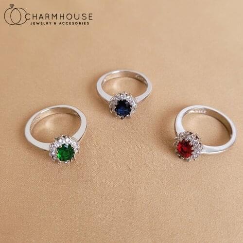 S925 Pure Silver Rings For Women Red/Green/Blue Crystal Engagement Ring Size 5-9# Wedding Jewelry Accesories Bague Femme Anillos