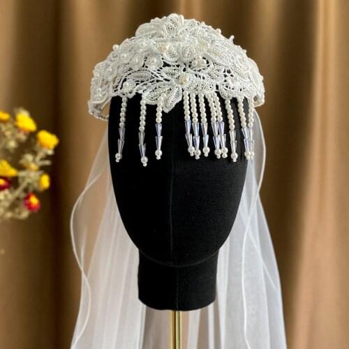 High Quality Crystal Bride Headband Tiaras Beaded Pearls Hairband with Veil Wedding Hair Accessories Crown резинки для волос