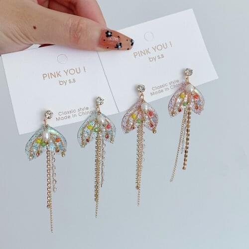 Korean Retro Acrylic Fishtail Drop Earrings for Women Imitation Pearl Crystal Long Tassel Earrings Female Jewelry