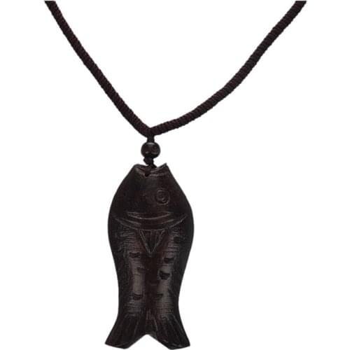 Vintage Artificial Leather Necklace Chain Wood Lucky Fish Pendant brown