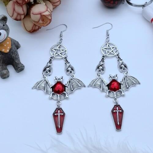 Vintage Red Vampire Bat Pendant Earrings Punk Jewelry Witch Pagan Gothic Pentagram Cross Victorian Jewelry Ladies Gifts