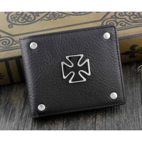 High Quality Iron Cross Stud Bifold Genuine Leather Wallet Purse For Mens