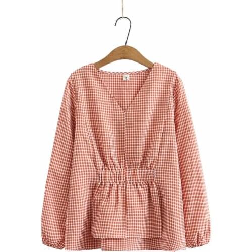 Plus size womens clothing large 2021 fashion solid color plaid Womens t-shirt V-Neck long sleeve loose t-shirts woman