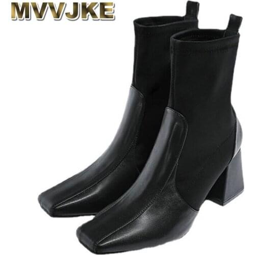MVVJKE2021Spring and Autumn Martin Boots Female British Style Single Boots Square Toe Thick Heel Red Thin High Heels Short Boots