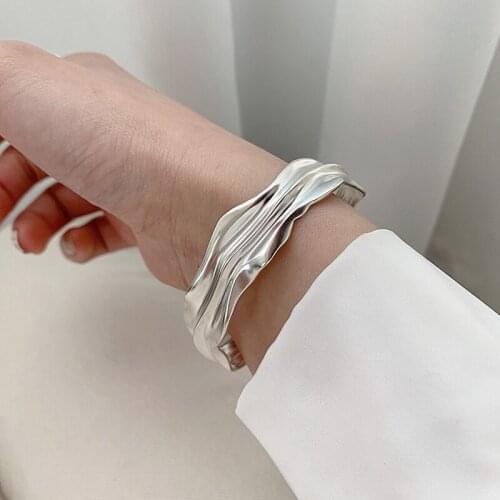 VENTFILLE 925 Sterling Silver Irregular Fold Texture Wide Bangles For Women Men Simple Temperament Geometric Bracelet 2021 NEW