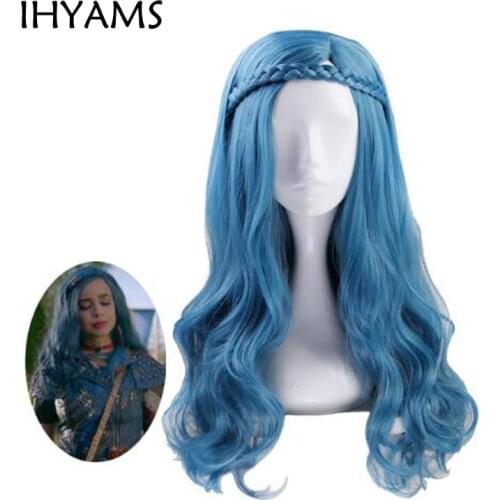 Descendants 2 Evie Blue Green Mix Long Wavy Wig Cosplay Costume Women Synthetic Hair Party Role Play Wigs + Wig Cap