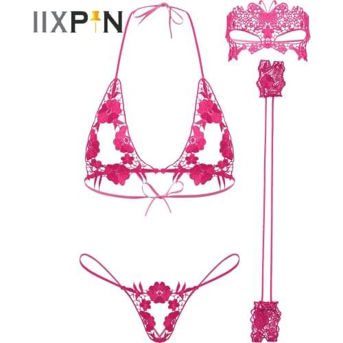 Womens Crotchless Sexy Lingerie Set Underwear Floral Embroidery Hollow Out Sleepwear Lace-up Bra G-string with Cuffs Eye-mask