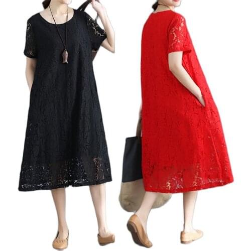 2020 New Summer Large Size Womens Dress Large Swing Literary Solid Color hollow jacquard Short Sleeve Dress Female X659