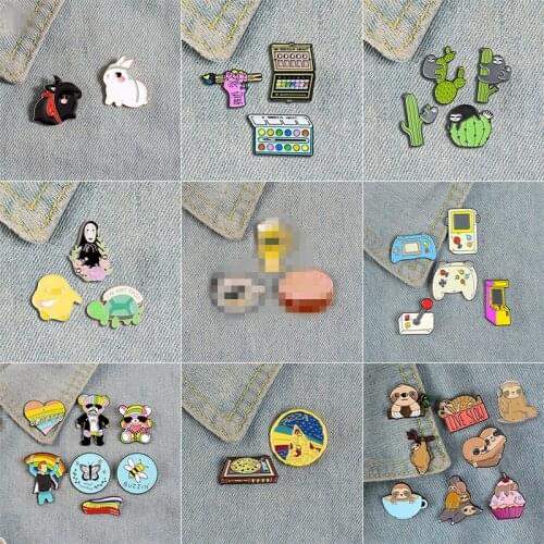 2-8 Pcs/Set Cartoon Rabbit Badge Game Console Sloth Coffee Cake Enamel Brooch Brush Pizza pin Fashion Jewelry Gift For Friends