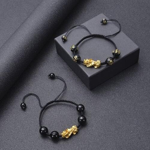 HIYONG Feng Shui Bracelet Six Words Chinese Lucky Enegry Gold Color Pixiu Bracelets Handmade Braided Rope Bangle Jewelry Gift