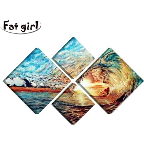 Natural Landscape Waves Multi Panel Wall Art 5D Full Diamond Painting 4 pieces Square Round DIY Rhinestone Embroidery Mosaic