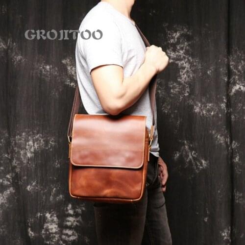 GROJITOO New style mens handmade leather shoulder bag mens Crazy Horse Leather Messenger Bag Fashion Leather iPad bag