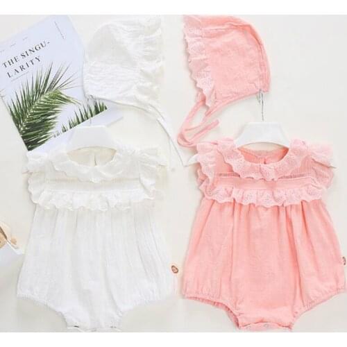 2020 NEW Baby Girls Clothes Summer Sunsuit Lace Solid Cotton Princess Rompers+Hat Brief Set Infant Outfit Girls Jumpsuit Clothes