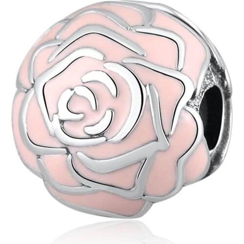 Authentic S925 Rose Garden Clip, Pink Enamel Beads Charm fit Lady Bracelet Bangle For Women DIY Jewelry