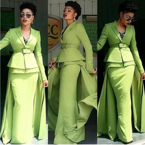 Sage Green African Evening Formal Dresses with Overskirt 2021 Long Sleeve Peplum Nigerian Shirt Top Prom Gowns vestidos