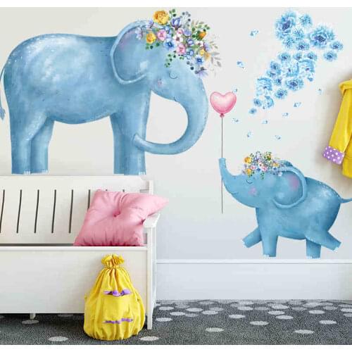 Blue Elephant Flower Balloon Wall Stickers Animal Wallpaper for Baby Bedroom Waterproof Wall Decals Kids Room Decoration Vinyl