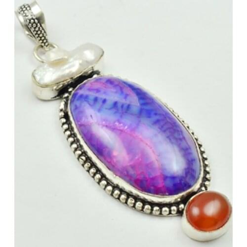 Solar Agates & Carnelian Pendant Silver Overlay over Copper, 70mm , P3526