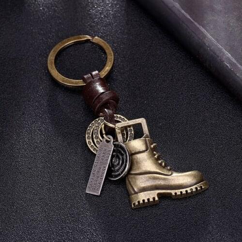 Alloy Vintage Antique Bronze Shoe Key Rings Braided Cowhide Keychain Pendant Punk Jewelry Gift For Friends 1PCS