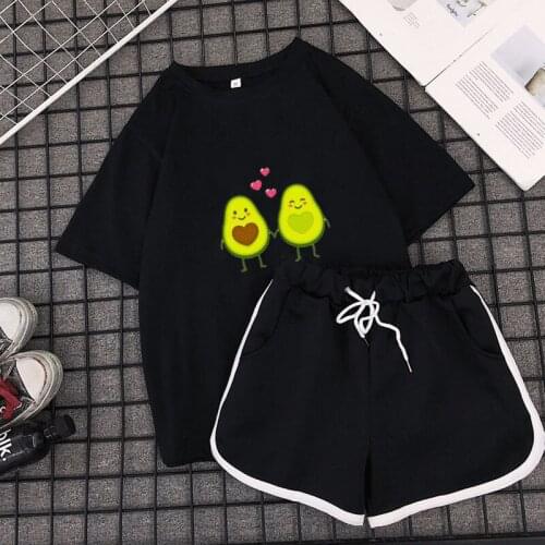 Kawaii Cute Cartoon Print T Shirt Tops And Black Shorts Jogger Tracksuit Summer Casual Two Piec Set Woman Set