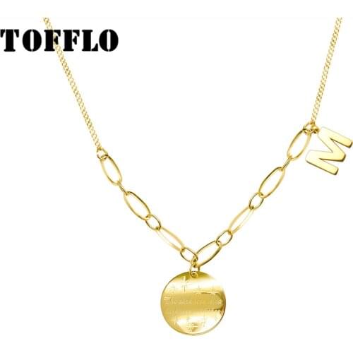 TOFFLO Stainless Steel Jewelry Wavy Round Star M Letter Pendant Necklace Womens Fashion Clavicle Chain BSP558