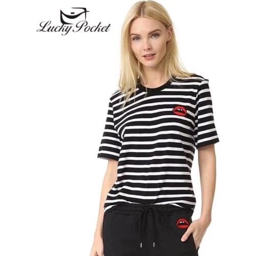 Women Summer Loose Striped O-Neck Cotton Short Sleeve T-Shirt Ladies Casual Lips Embroidery Tees Female Fashion Slim Tops ML72