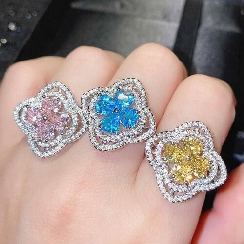 Luxury Multicolor Crystal Zircon Diamonds Gemstones Clover Flower Rings for Women White Gold Silver Color Jewelry Bague Bijoux