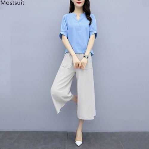 Summer Elegant Loose Plus Size Cotton Linen 2 Piece Set For Women Pullover Tops + Wide Leg Elastic Waist Pants Outfits Tracksuit